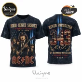 AC/DC 9-11 Tribute 343 Memorial T-Shirt featuring band members on front and 343 graphic with American flag on back.