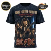 AC/DC 9-11 Tribute 343 Memorial T-Shirt featuring band members with US flag, New York skyline, and 9-11 date on black fabric.