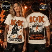 AC/DC High Voltage Halloween Off-White T-Shirt featuring a skeleton guitarist and concert stage graphic on cotton fabric.