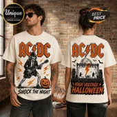 AC/DC High Voltage Halloween Off-White T-Shirt featuring a skeleton guitarist, lightning bolts, and concert graphics.