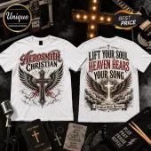 Aerosmith Christian Faith Rock White T-Shirt with black cross and wings graphic on both front and back.