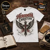 Aerosmith Christian Faith Rock white T-shirt featuring a winged cross graphic design on a cotton fabric background.