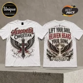 Aerosmith Christian Faith Rock White T-Shirt displaying a cross with wings on the front and inspirational text on the back.