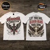 Aerosmith Christian Faith Rock White T-Shirt featuring a front cross design and back graphic with wings and clouds.