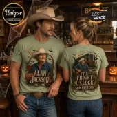 Alan Jackson Halloween Country Music T-Shirt in sage green with a graphic of the singer and spooky seasonal imagery.