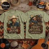 Alan Jackson Halloween Country Music T-Shirt in sage green featuring singer graphics, acoustic guitar, and pumpkins.