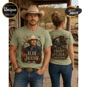 Alan Jackson Halloween Country Music T-Shirt in sage green with spooky pumpkin, bat, and guitar graphic print.