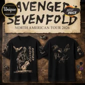 Avenged Sevenfold Cosmic Reaper Tour 2026 Signature T-Shirt featuring a hooded reaper graphic on a black cotton tee.