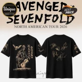 Avenged Sevenfold Cosmic Reaper Tour 2026 signature T-shirt featuring a reaper playing cello and band member autographs.