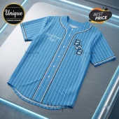 Backstreet Boys Into The Millennium blue pinstripe baseball jersey with white buttons and front letter logo embroidery.