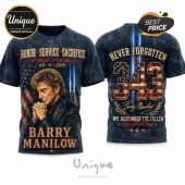 Barry Manilow 9/11 Memorial 343 Tribute T-Shirt featuring a portrait of Barry Manilow, American flag graphics, and text.