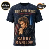 Barry Manilow 9/11 Memorial 343 Tribute T-Shirt featuring a prayer graphic, American flag, and twin tower light beams.
