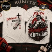 Bloodsport Fight The Good Fight Cream T-Shirt front and back views featuring martial arts, crosses, and Japanese text.