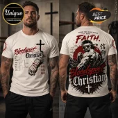 Bloodsport Fight The Good Fight Cream T-Shirt featuring a martial arts fighter, red cross, and Japanese kanji graphics.