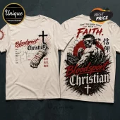 Bloodsport Fight The Good Fight Cream T-Shirt front and back views featuring fighter graphics, crosses, and Japanese text.