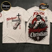 Bloodsport Fight The Good Fight Cream T-Shirt with graphic print of a martial artist, cross, and Japanese calligraphy.