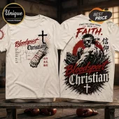 Bloodsport Fight The Good Fight Cream T-Shirt with graphic print of a martial artist, cross symbol, and Japanese kanji text.