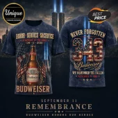 Budweiser 9/11 Remembrance Tribute T-Shirt featuring a beer bottle, American flags, and the number 343 on a dark blue background.