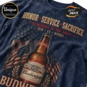 Budweiser 9/11 Remembrance Tribute T-Shirt in navy featuring a beer bottle, American flag, and memorial text graphic.