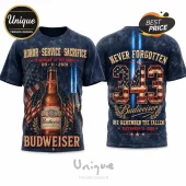Budweiser 9/11 Remembrance Tribute T-Shirt featuring a beer bottle, US flag, twin tower lights, and 343 graphic design.