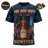 Budweiser 9/11 Remembrance Tribute T-Shirt featuring a beer bottle, American flag, and Twin Towers against a dark sky.