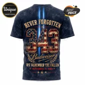 Budweiser 9/11 Remembrance Tribute T-Shirt featuring the number 343, US flag textures, and tribute text on dark fabric.