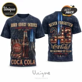 Coca Cola 9/11 Memorial Tribute T-Shirt featuring a vintage bottle graphic, American flag imagery, and memorial text.