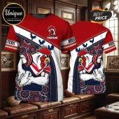 Custom Name Sydney Roosters Mascot Shirt featuring red, white, and blue rugby graphics and a large rooster illustration.