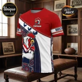 Custom Name Sydney Roosters Mascot Shirt featuring red, white, and navy patterns with a large rooster graphic on a t-shirt.
