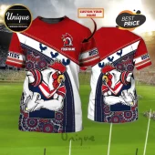 Cusom Name Sydney Roosters Mascot Shirt featuring red, white, and blue patterns, rooster graphics, and a rugby ball motif.
