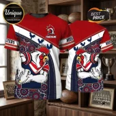 Custom Name Sydney Roosters Mascot Shirt featuring red, white, and blue patterns, rooster graphics, and rugby jersey style.