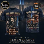 Dave Matthews Band 9/11 Tribute Remembrance T-Shirt featuring band members, twin tower lights, and American flag graphic.