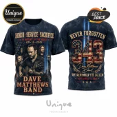 Dave Matthews Band 9/11 Tribute Remembrance T-Shirt featuring band members, flag graphics, and 343 memorial text.