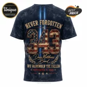 Dave Matthews Band 9/11 Tribute Remembrance T-Shirt featuring large 343 graphic, American flag pattern, and dark navy wash.