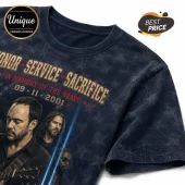 Dave Matthews Band 9/11 Tribute Remembrance T-Shirt in acid-wash black cotton with patriotic text and band member portrait.