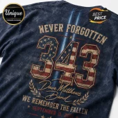 Dave Matthews Band 9/11 Tribute Remembrance T-Shirt featuring the number 343 in a vintage American flag print on acid wash blue.