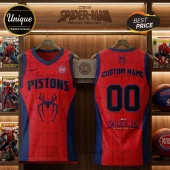 Detroit Pistons x Spider-Man Brand New Day red basketball jersey with blue accents, spider web pattern, and team logo.