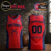 Detroit Pistons x Spider-Man Brand New Day red basketball jersey featuring blue spider-web patterns and team branding.