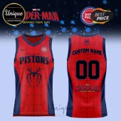 Detroit Pistons x Spider-Man Brand New Day red basketball jersey with black spiderweb patterns and custom name lettering.