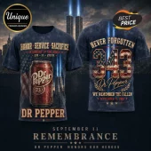 Dr Pepper 9/11 Remembrance Tribute Navy T-Shirt featuring a beverage can, American flag motif, and tribute text.