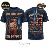 Dr Pepper 9/11 Remembrance Tribute Navy T-Shirt featuring a soda can, American flag motif, and memorial tribute graphics.