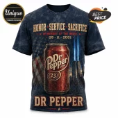 Dr Pepper 9/11 Remembrance Tribute Navy T-Shirt features a soda can, American flag, and twin tower light beams.
