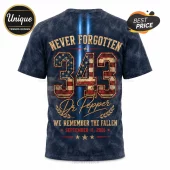 Dr Pepper 9/11 Remembrance Tribute Navy T-Shirt featuring 343 graphic, American flag pattern, and commemorative text.