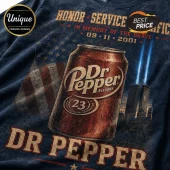 Dr Pepper 9/11 Remembrance Tribute Navy T-Shirt featuring a beverage can, American flag, and twin towers tribute graphic.