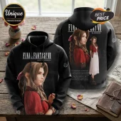 Final Fantasy VII Aerith Gainsborough 30th Anniversary Hoodie in black with character portrait and text on fabric.