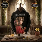 Final Fantasy VII Aerith Gainsborough 30th Anniversary Hoodie in black with a graphic of Aerith on the chest.