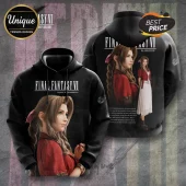 Final Fantasy VII Aerith Gainsborough 30th Anniversary Hoodie featuring the character in a red jacket on black fabric.