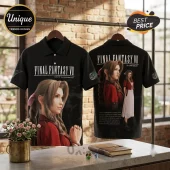 Final Fantasy VII Aerith Gainsborough black polo shirt featuring front and back character prints on a brick wall background.