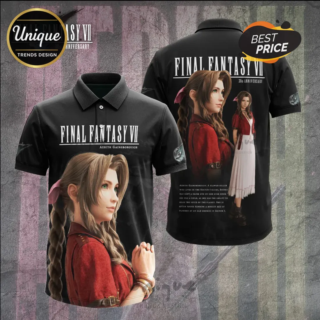 Final Fantasy VII Aerith Gainsborough Black Polo Shirt Final Fantasy VII Aerith Gainsborough Black Polo Shirt