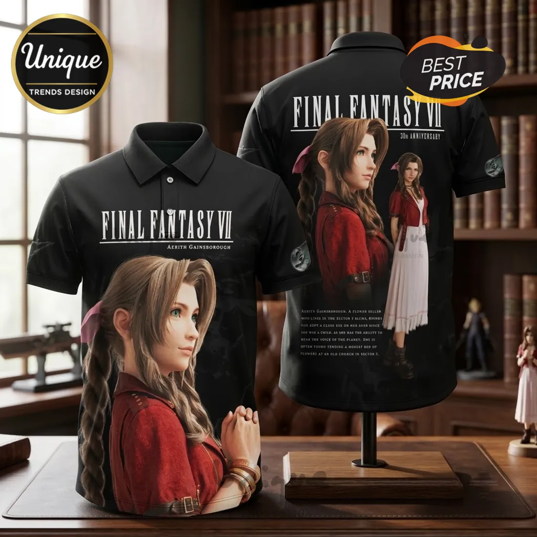 Final Fantasy VII Aerith Gainsborough Black Polo Shirt Final Fantasy VII Aerith Gainsborough Black Polo Shirt